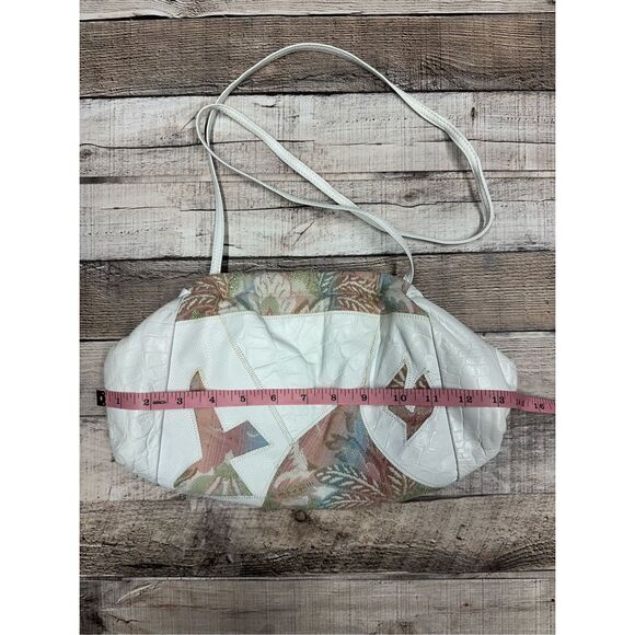 Vintage 80s Saks Fifth Avenue White Leather Tapestry Grandma Shoulder Bag - Picture 3 of 9